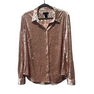 INVESTMENTS Crushed Velvet Button Down‎ Shirt Rose Pink Long Sleeve Plus Size 1X